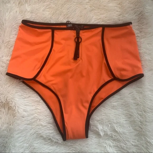 ❌SOLD❌ Zara Neon Orange and Black Highwaisted Bikini Bottoms Size M - Picture 1 of 6